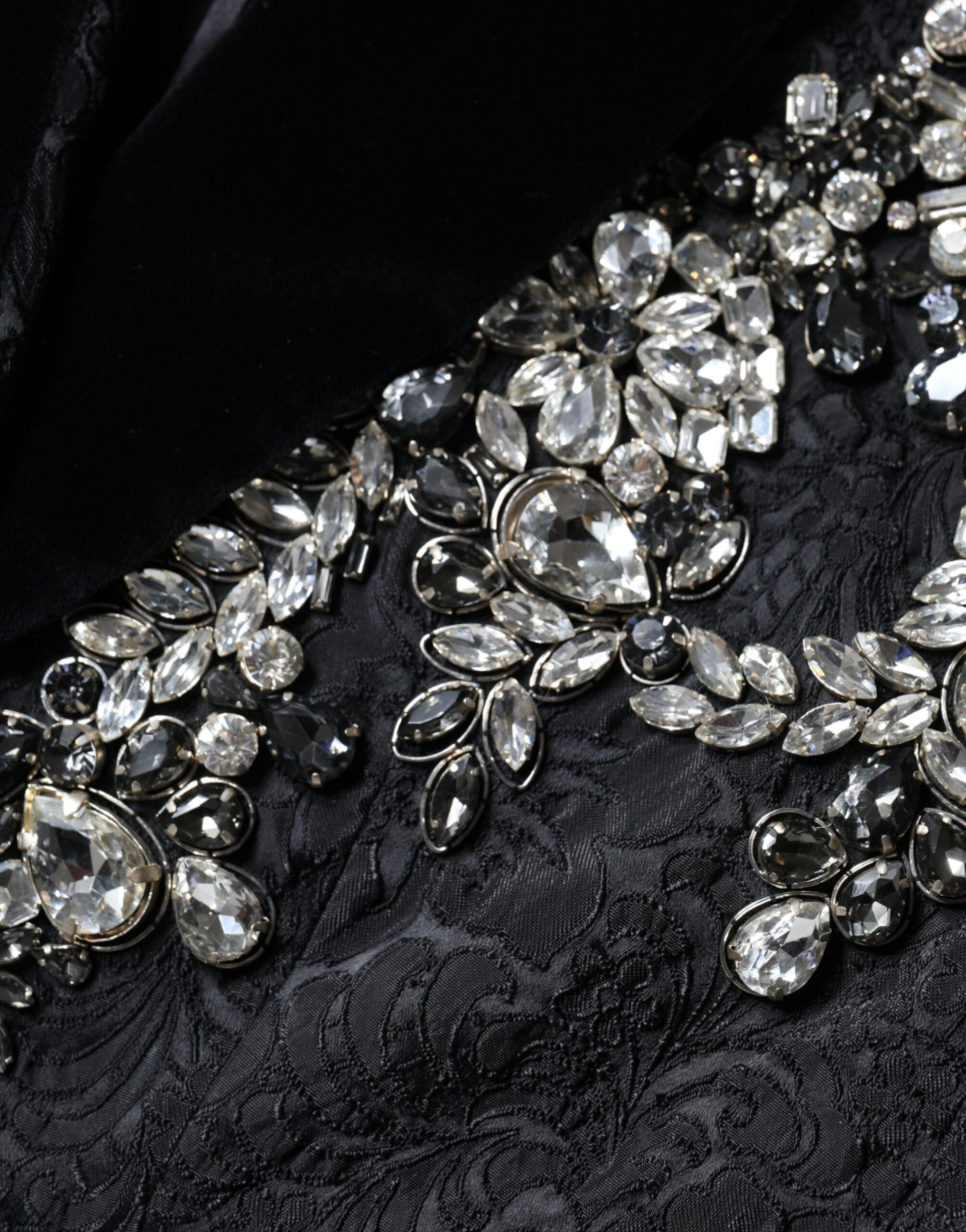 Black Jacquard Crystal Floral jacket blazer by Dolce & Gabbana, featuring intricate floral patterns and crystal accents.