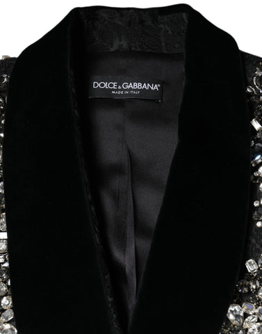 Black jacquard floral blazer jacket with crystal embellishments by Dolce & Gabbana, featuring intricate floral patterns and tailored fit.