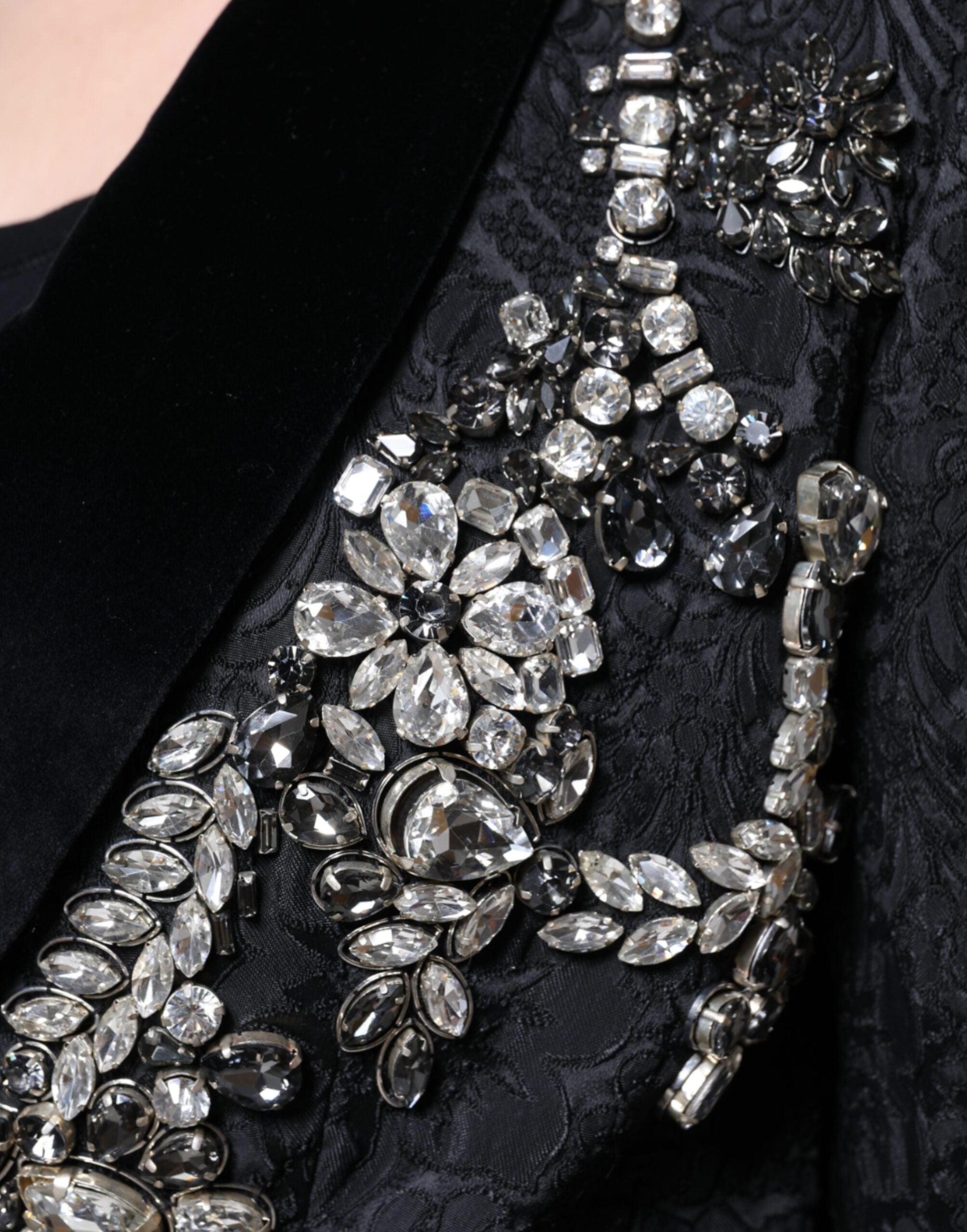 Black Jacquard Crystal Floral blazer from Dolce & Gabbana, featuring intricate floral patterns and elegant tailoring.