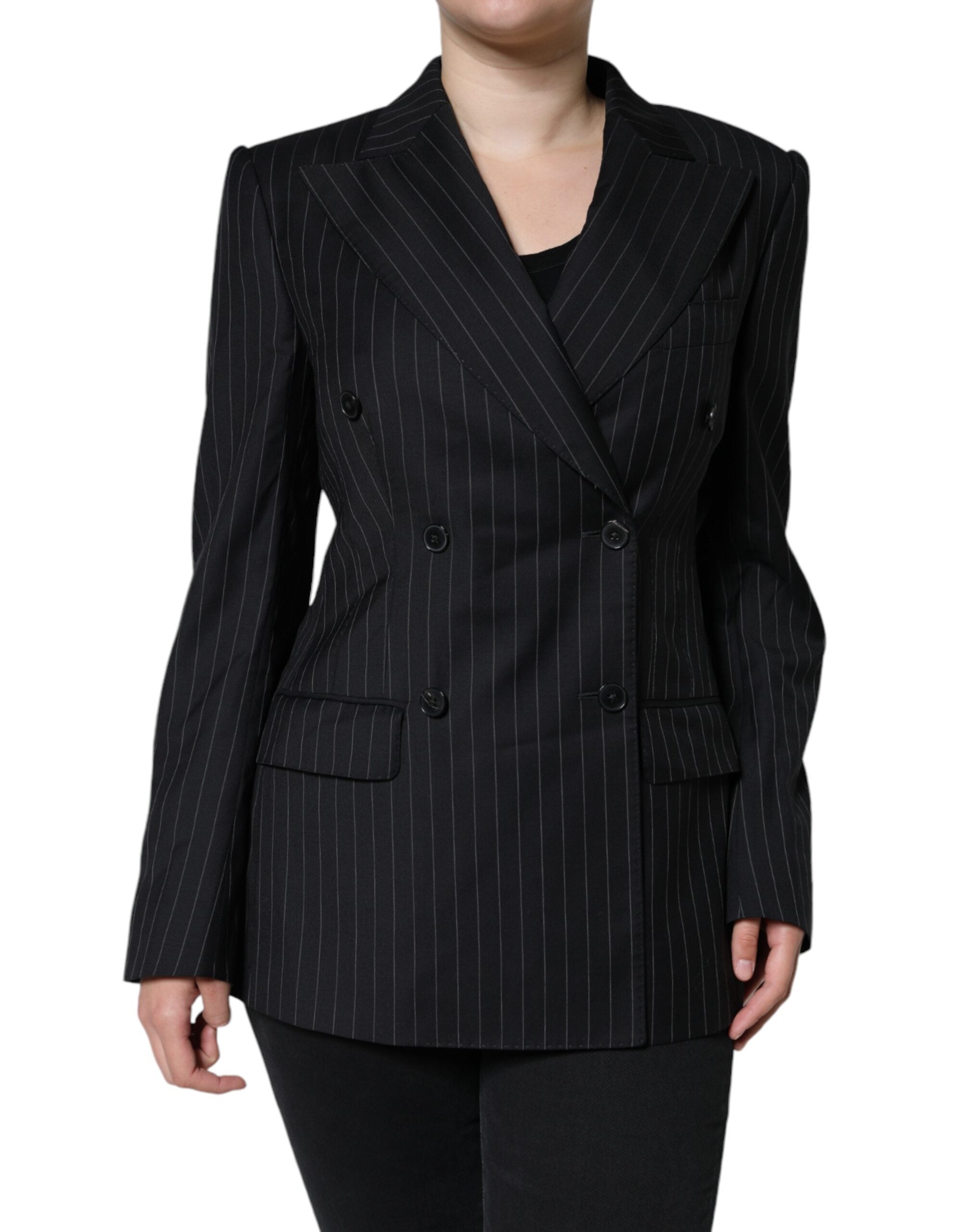 Black striped double-breasted coat jacket by Dolce & Gabbana, featuring classic lapels and button closure.