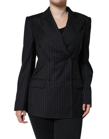 Black striped double-breasted coat jacket by Dolce & Gabbana, featuring classic lapels and button closure.