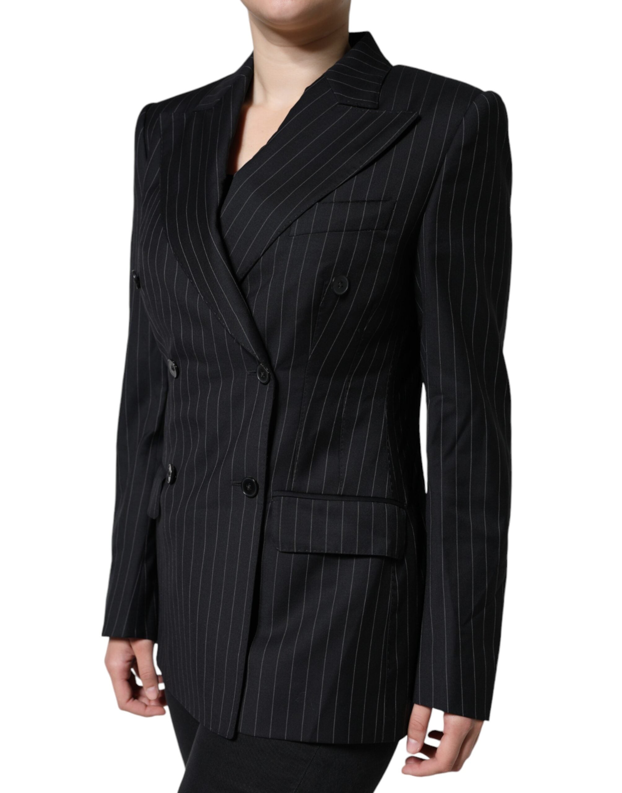 Black striped double-breasted coat jacket by Dolce & Gabbana, tailored fit with classic lapels and button closure, stylish outerwear.