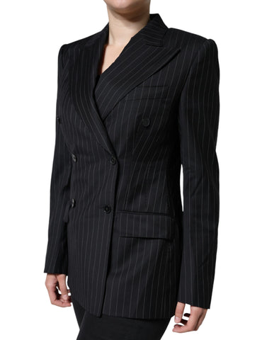 Black striped double-breasted coat jacket by Dolce & Gabbana, tailored fit with classic lapels and button closure, stylish outerwear.