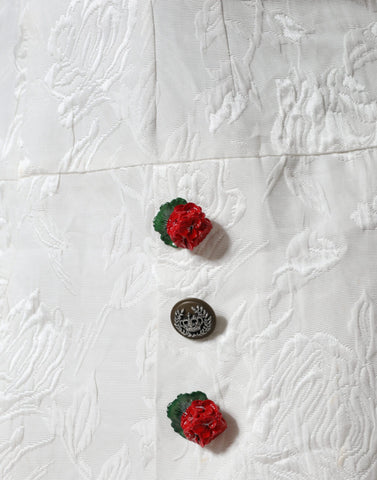 White floral brocade mini skirt with embellished details by Dolce & Gabbana, shown on a mannequin.