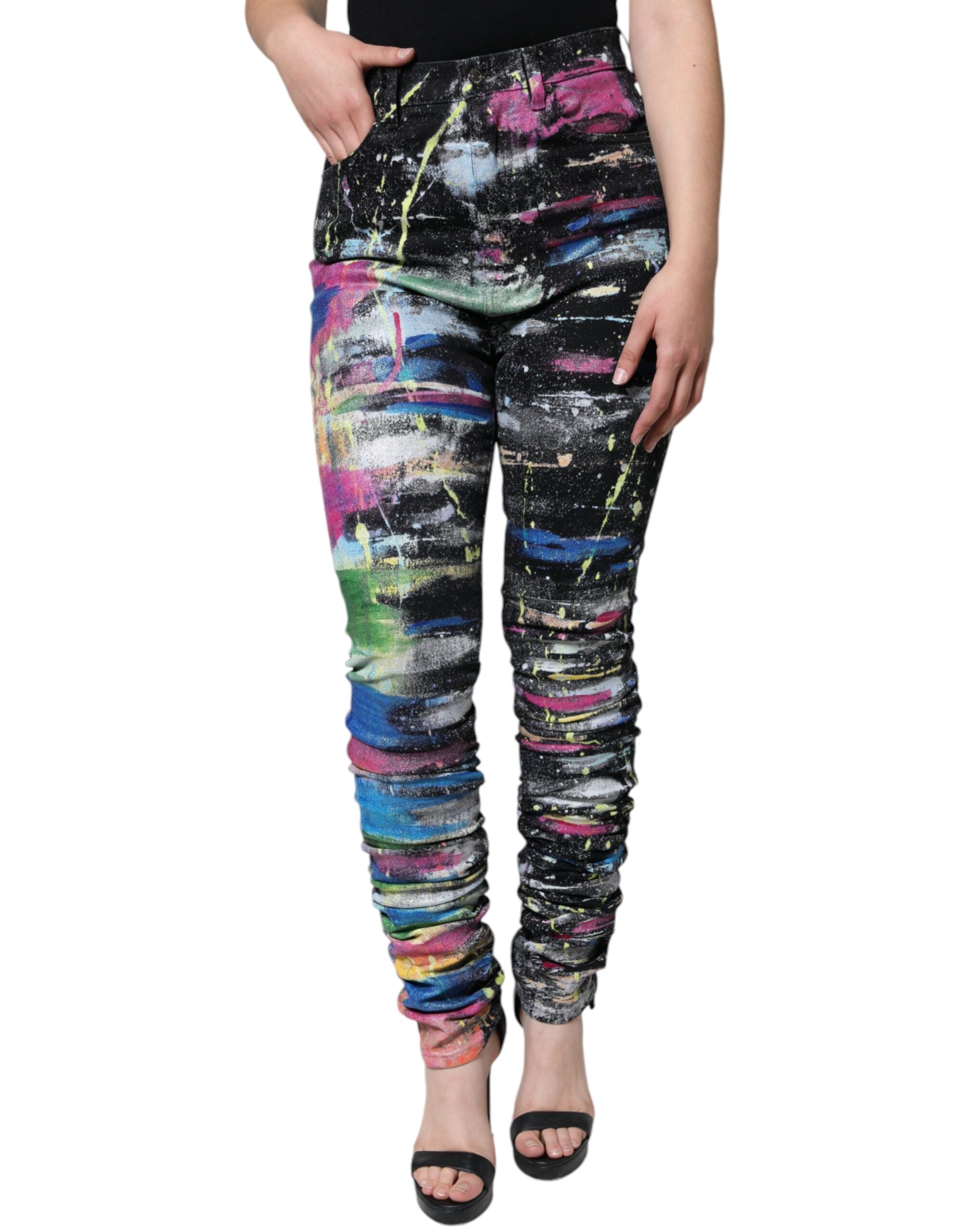Dolce & Gabbana multicolor splatter paint cotton skinny denim jeans with distressed details and five-pocket design.