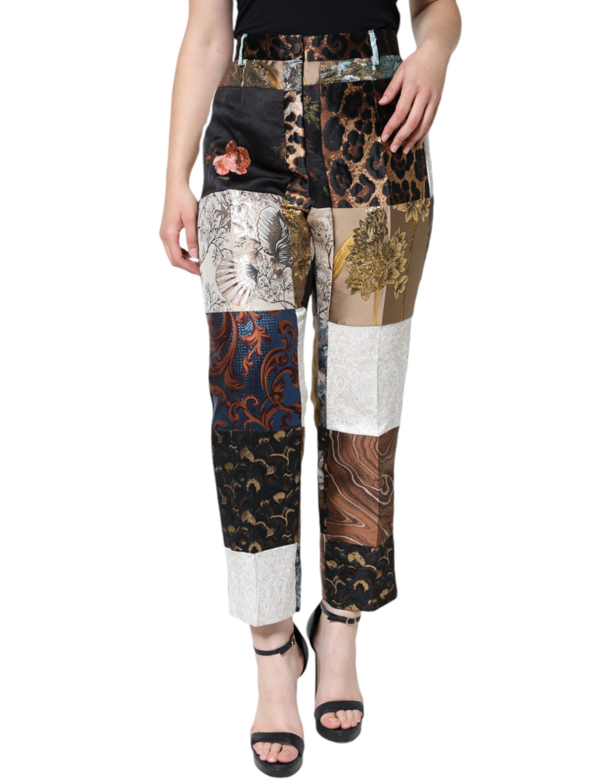 Multicolor patchwork jacquard high waist pants by Dolce & Gabbana featuring vibrant woven fabric and tailored fit.