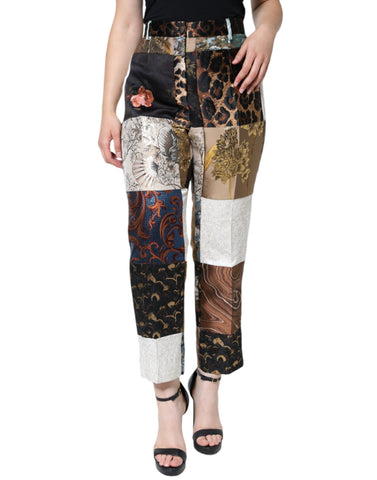 Multicolor patchwork jacquard high waist pants by Dolce & Gabbana featuring vibrant woven fabric and tailored fit.