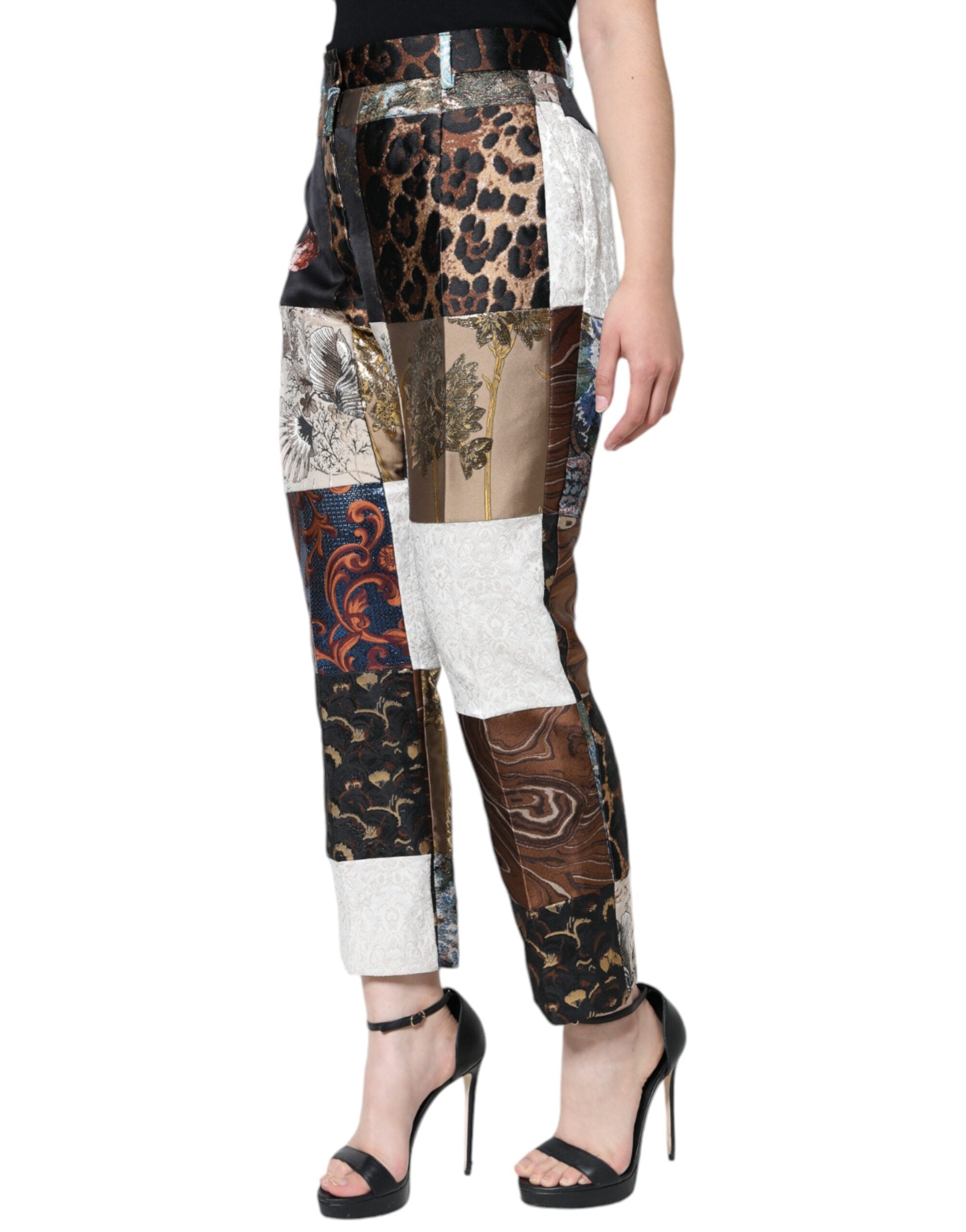 Multicolor patchwork jacquard high-waist pants by Dolce & Gabbana, featuring vibrant woven fabric and tailored fit.