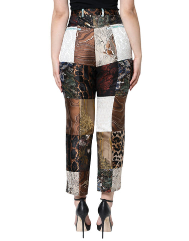 Multicolor patchwork jacquard high waist pants by Dolce & Gabbana, featuring vibrant woven fabric and a tailored fit.