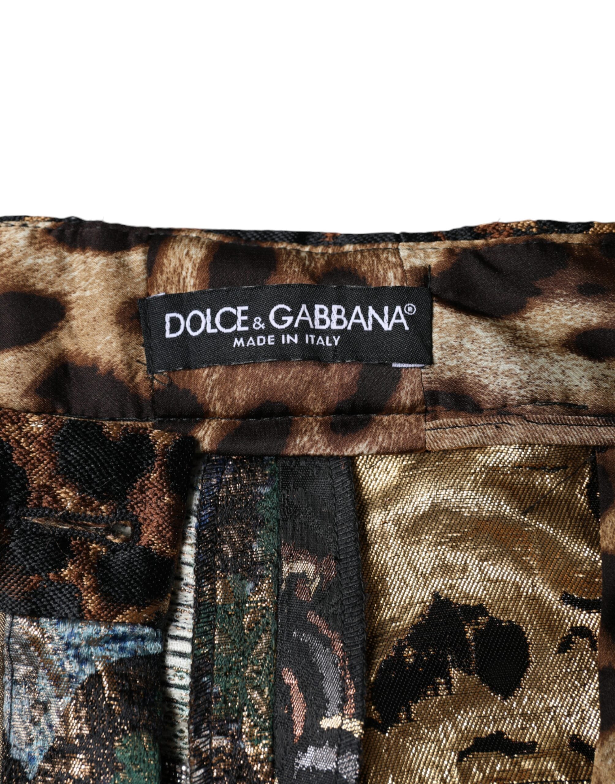 Multicolor patchwork jacquard high waist pants by Dolce & Gabbana showing vibrant, patterned fabric and tailored fit.