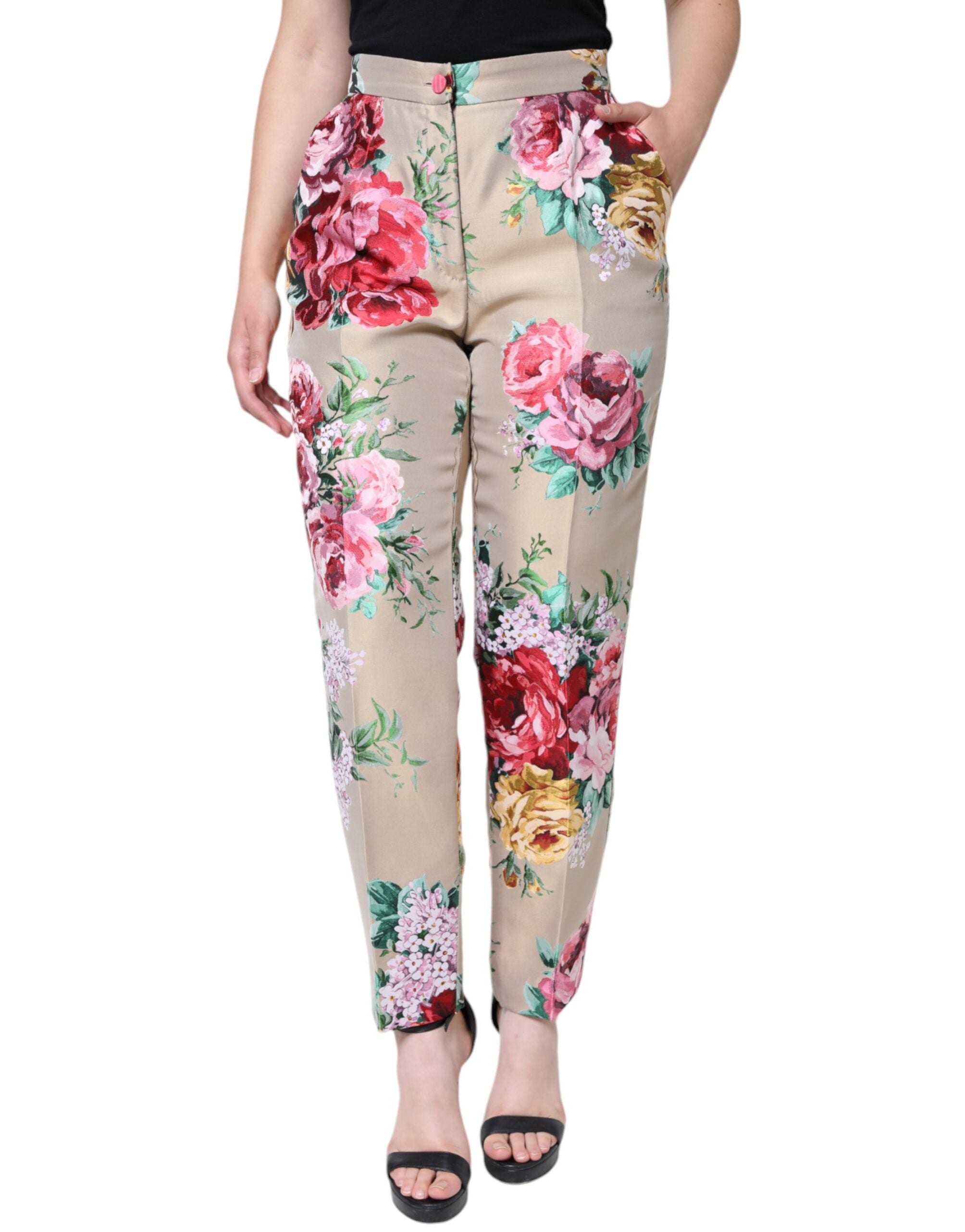 Beige floral jacquard high waist tapered pants by Dolce & Gabbana, showing intricate floral pattern and tailored fit.