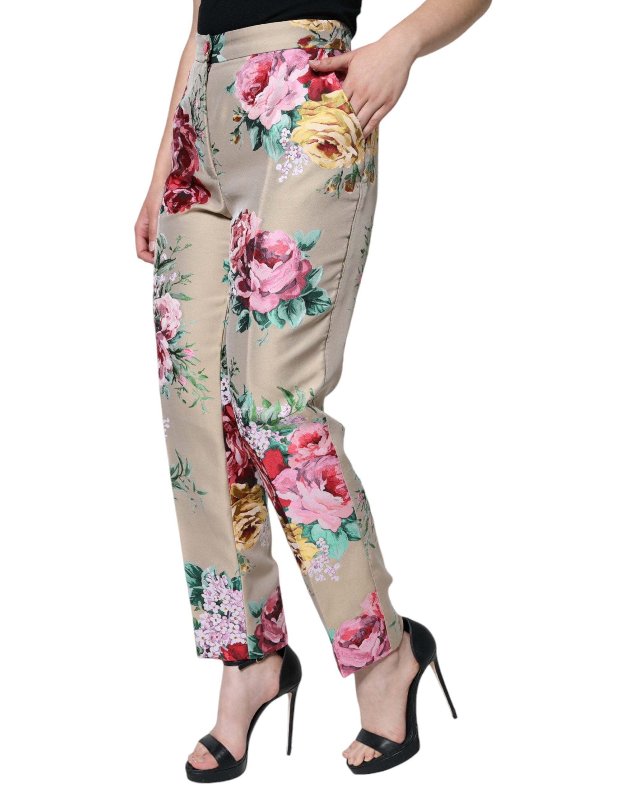 Beige floral jacquard high waist tapered pants by Dolce & Gabbana, showcasing elegant floral pattern and tailored fit.