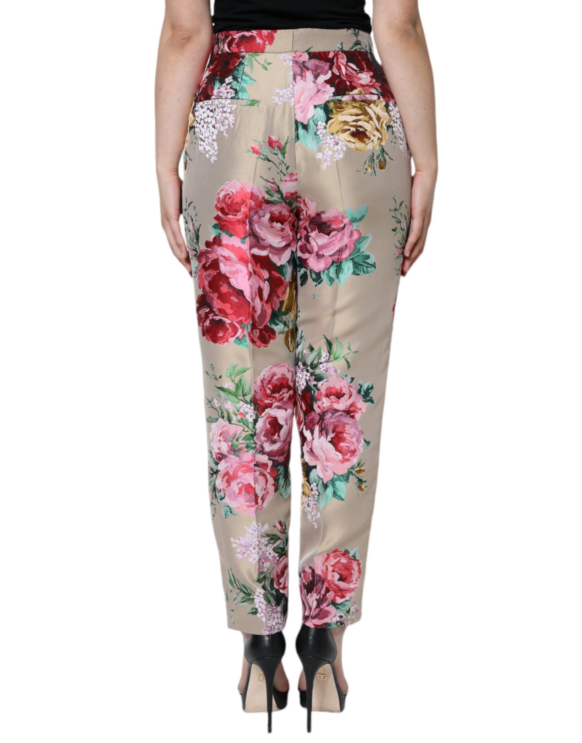 Beige floral jacquard high waist tapered pants by Dolce & Gabbana, featuring a stylish floral pattern and tailored fit.