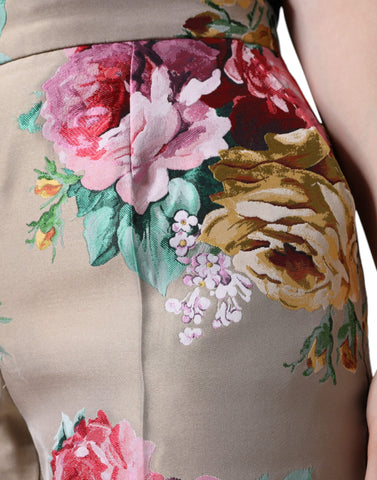 Beige floral jacquard high-waist tapered pants by Dolce & Gabbana, featuring elegant floral pattern and tailored fit.