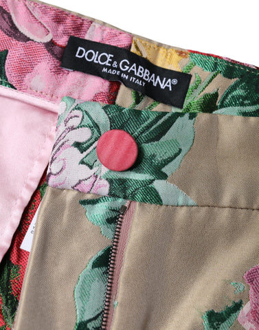 Beige floral jacquard high waist tapered pants by Dolce & Gabbana, featuring elegant floral pattern and tailored fit.