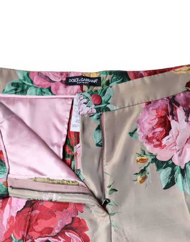 Beige floral jacquard high waist tapered pants by Dolce & Gabbana, showing intricate floral pattern and tailored fit.
