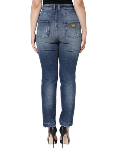Dark blue cotton tattered skinny denim jeans by Dolce & Gabbana with distressed details and a fitted silhouette.