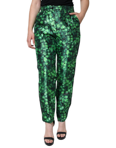 Green clover silk satin high-waist tapered pants by Dolce & Gabbana displayed on a model.