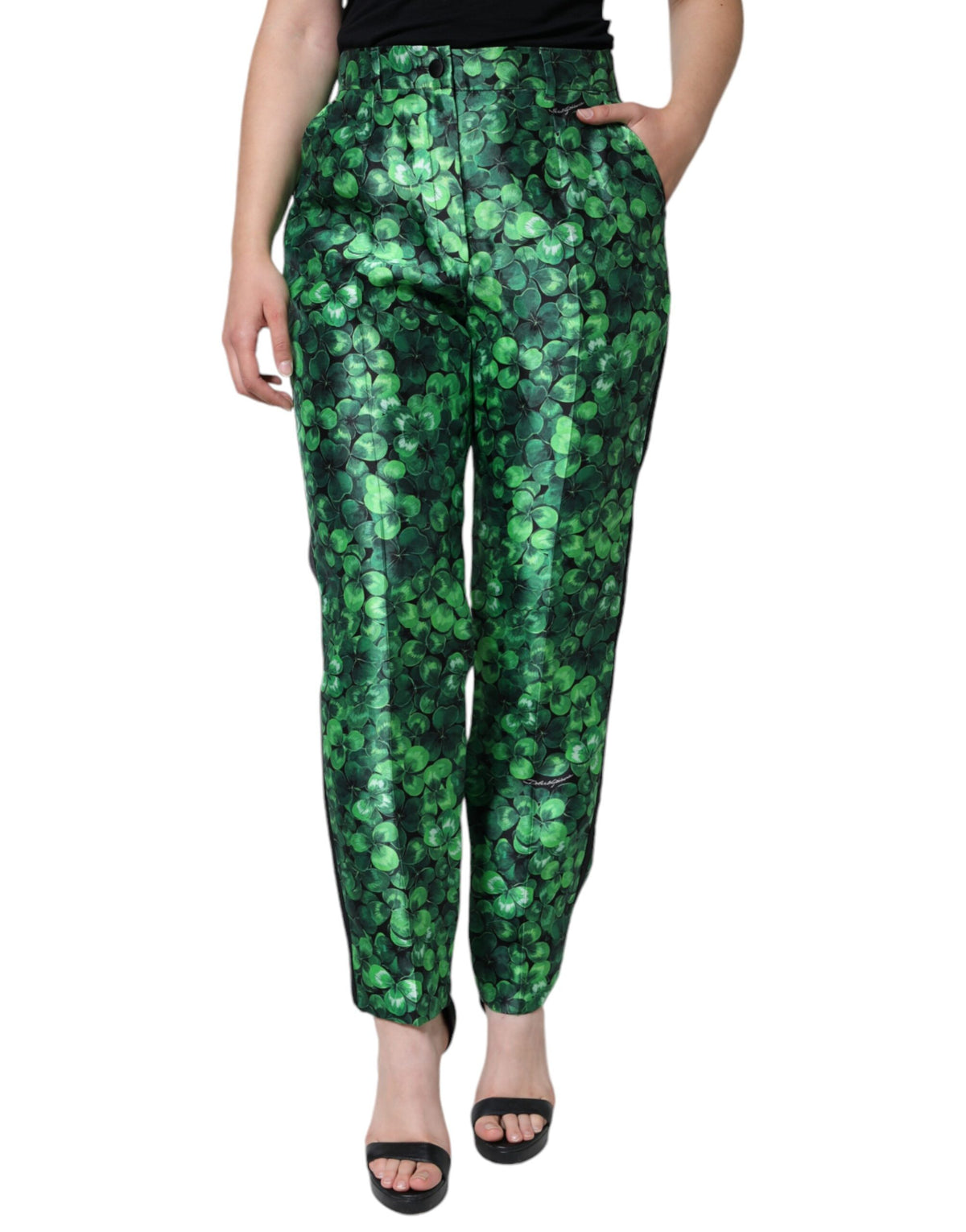 Green clover silk satin high-waist tapered pants by Dolce & Gabbana displayed on a model.