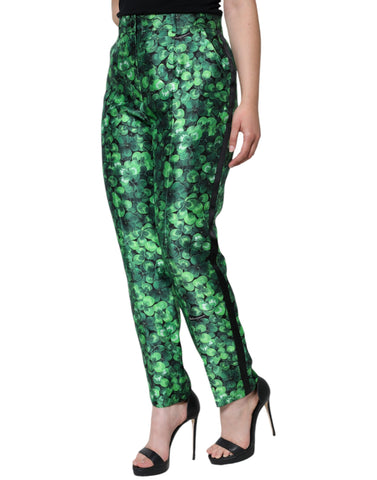 Green Clover Silk Satin High Waist Tapered Pants by Dolce & Gabbana, showing the sleek, high-rise design and smooth satin fabric.