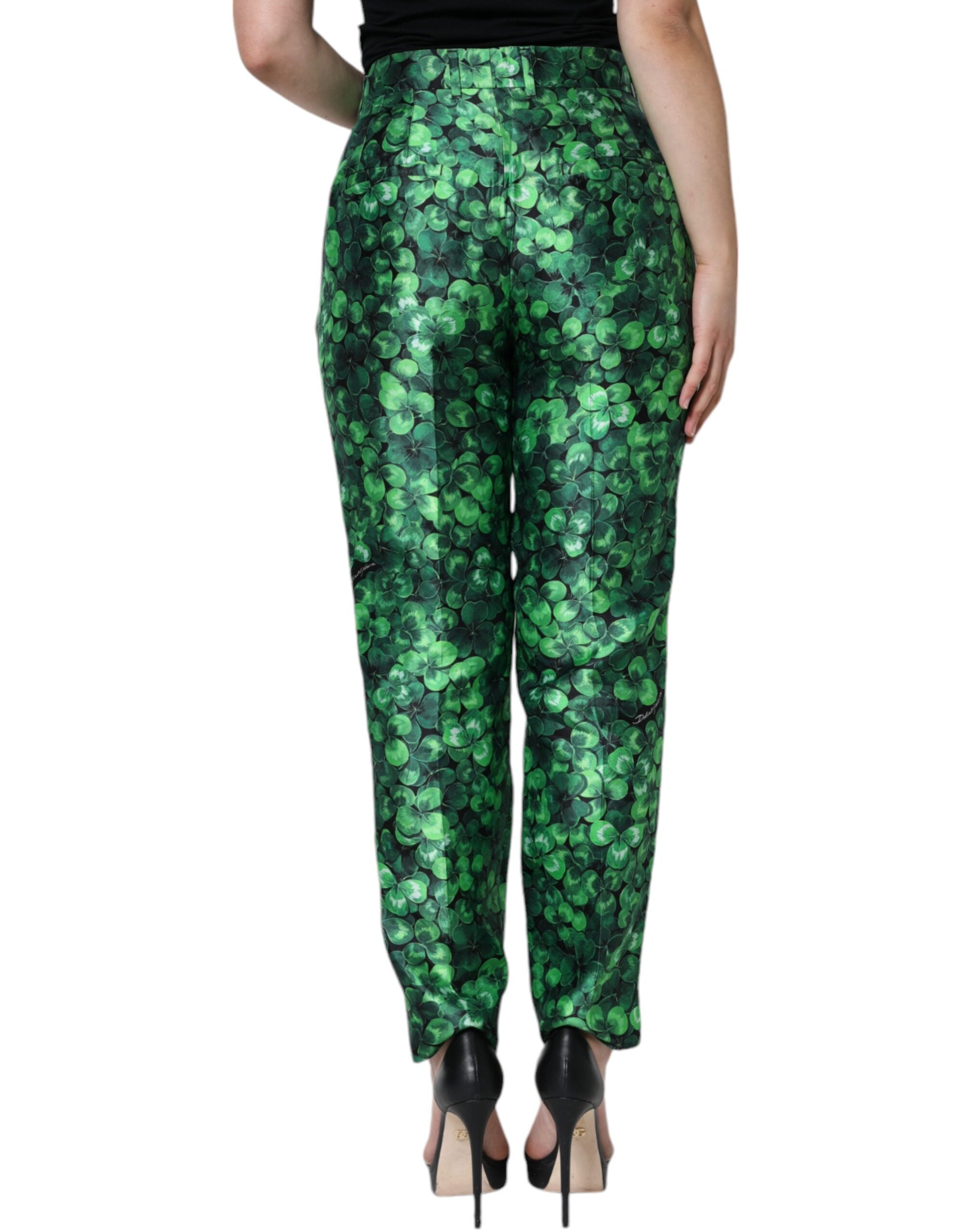 Green Clover silk satin high waist tapered pants by Dolce & Gabbana, featuring a sleek, elegant fit and smooth fabric texture.