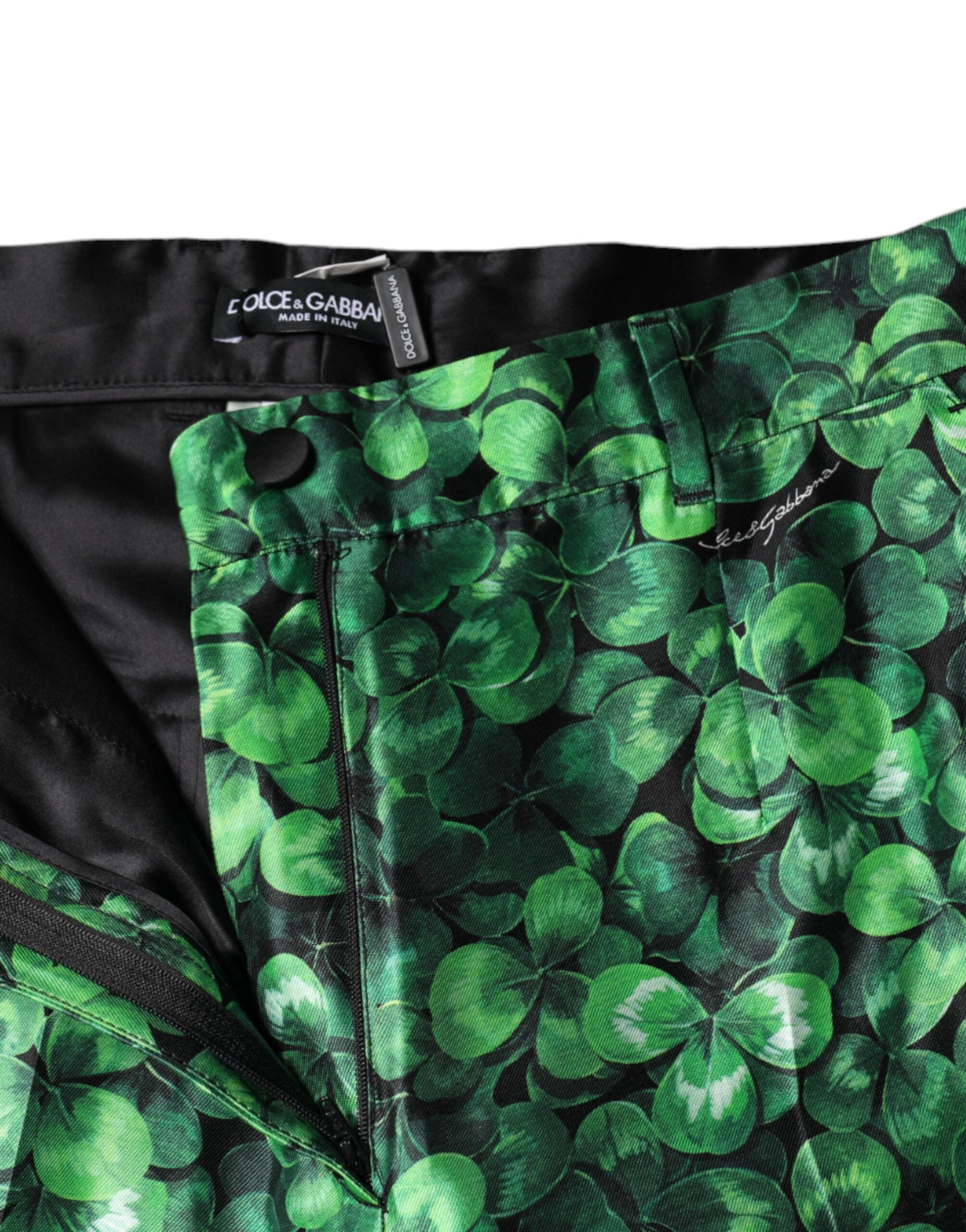 Green Clover silk satin high-waist tapered pants by Dolce & Gabbana displayed on a model.