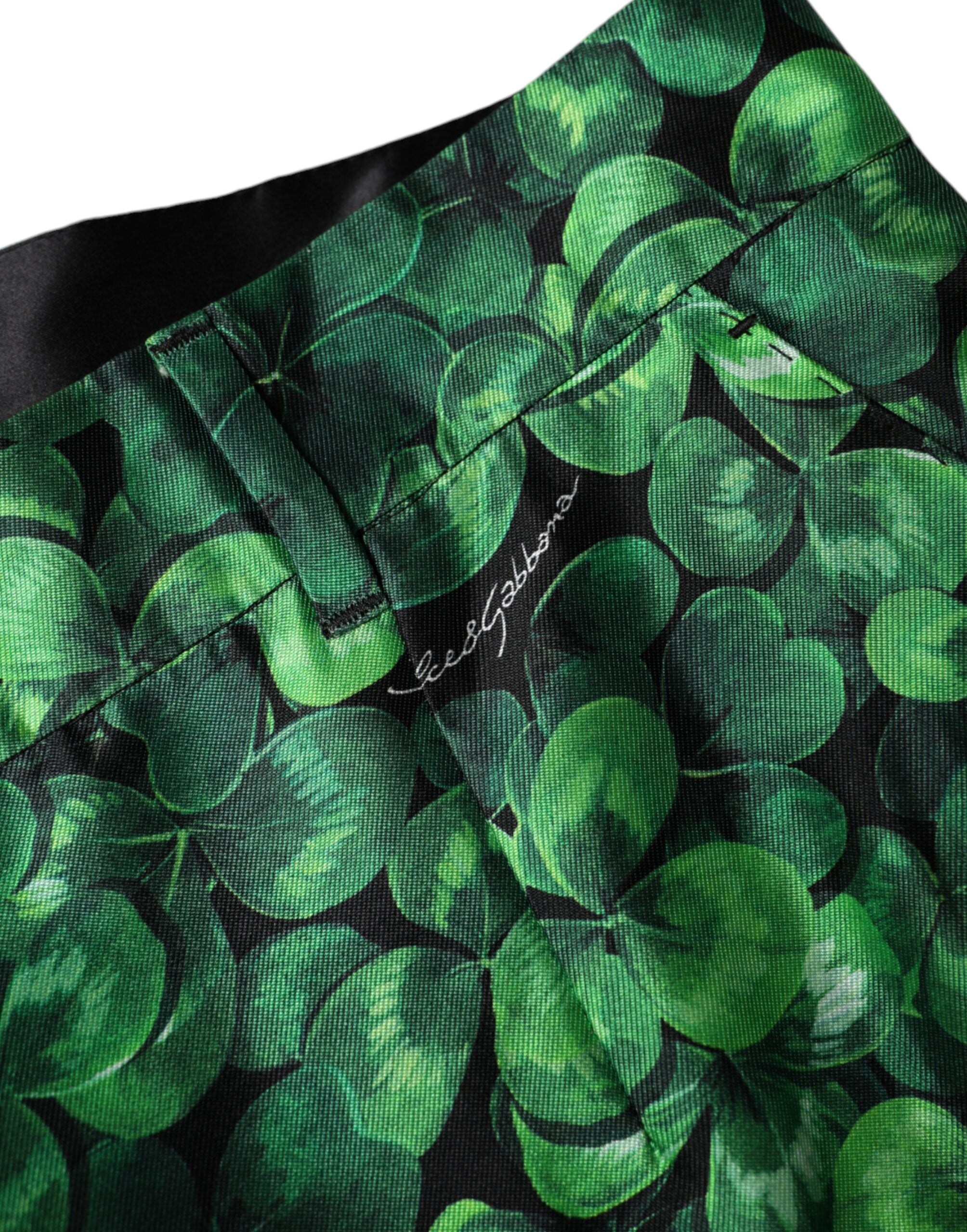 Green Clover Silk Satin High Waist Tapered Pants by Dolce & Gabbana, showcasing smooth satin fabric and high-rise fit.