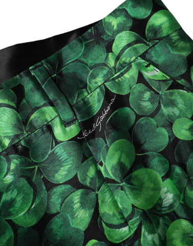 Green Clover Silk Satin High Waist Tapered Pants by Dolce & Gabbana, showcasing smooth satin fabric and high-rise fit.