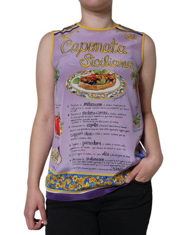 Purple silk tank top with Siciliana print by Dolce & Gabbana, featuring a stylish and vibrant design on smooth fabric.