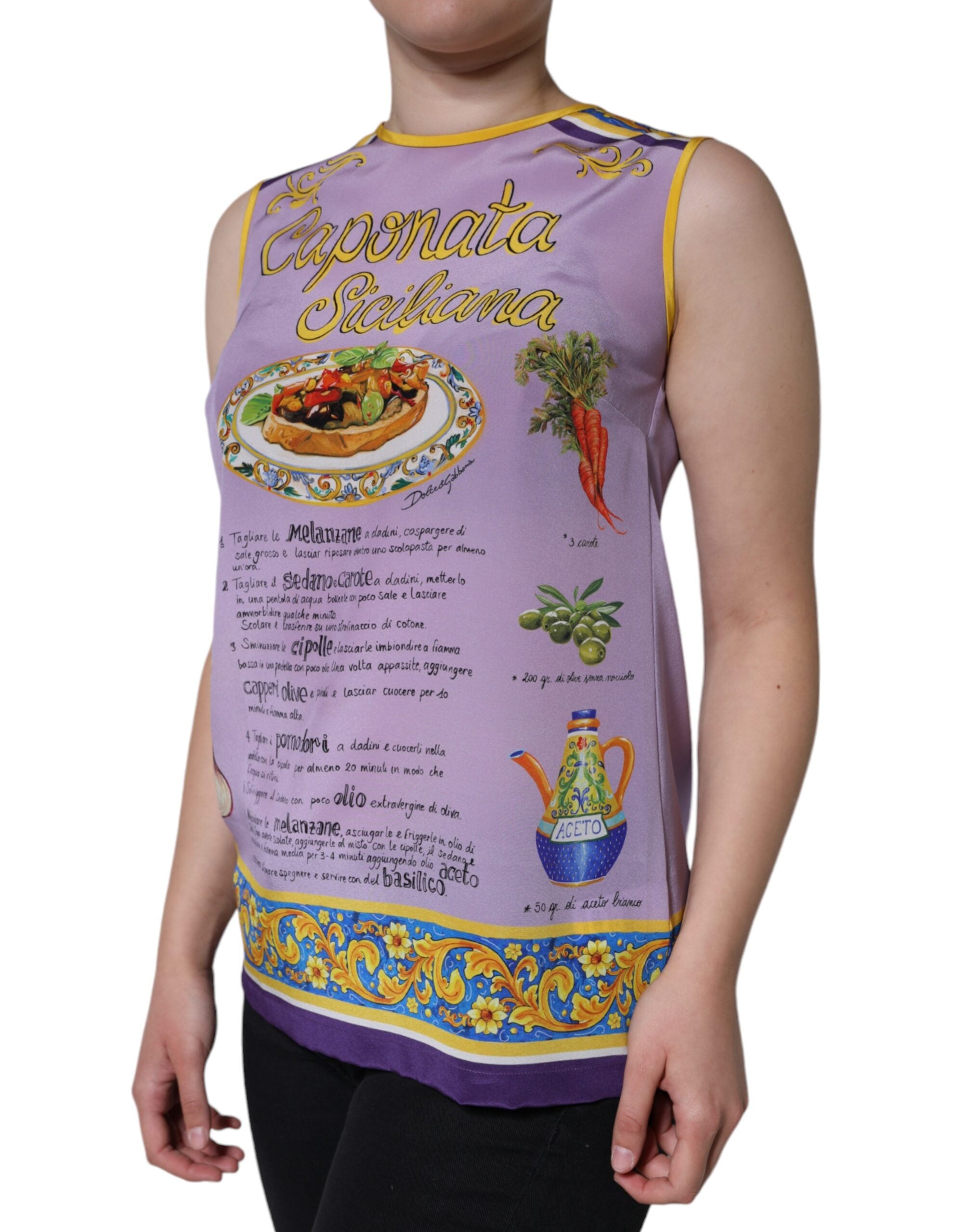 Purple silk tank top with Siciliana print by Dolce & Gabbana, featuring vibrant Italian-inspired floral and fruit patterns.