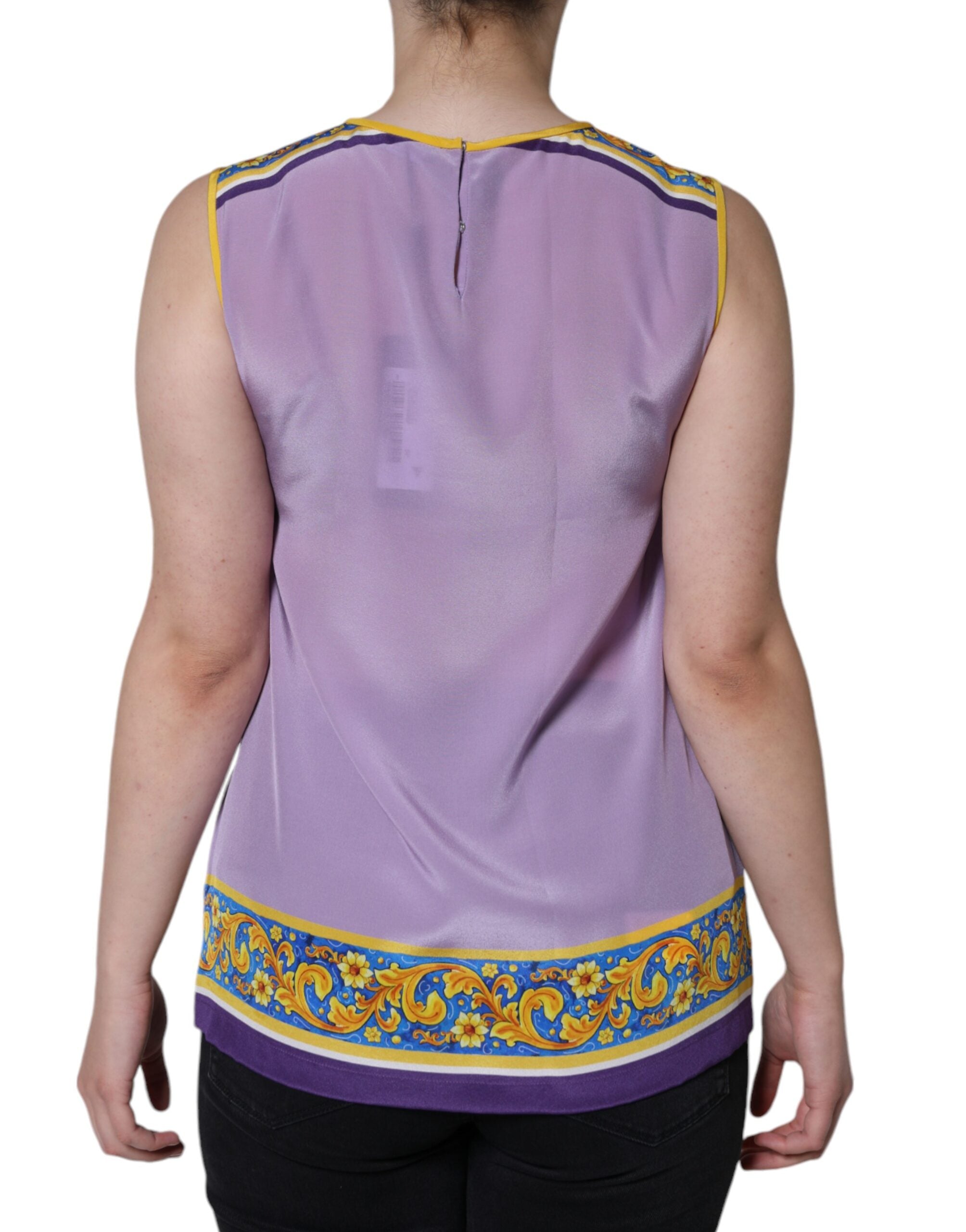 Purple silk tank top featuring a Caponata Siciliana print by Dolce & Gabbana, shown with a relaxed fit and vibrant design.