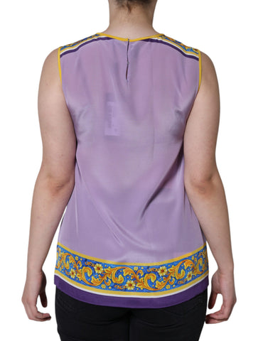 Purple silk tank top featuring a Caponata Siciliana print by Dolce & Gabbana, shown with a relaxed fit and vibrant design.