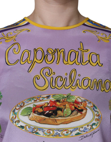 Purple silk tank top with Siciliana print by Dolce & Gabbana, featuring vibrant floral and fruit patterns.
