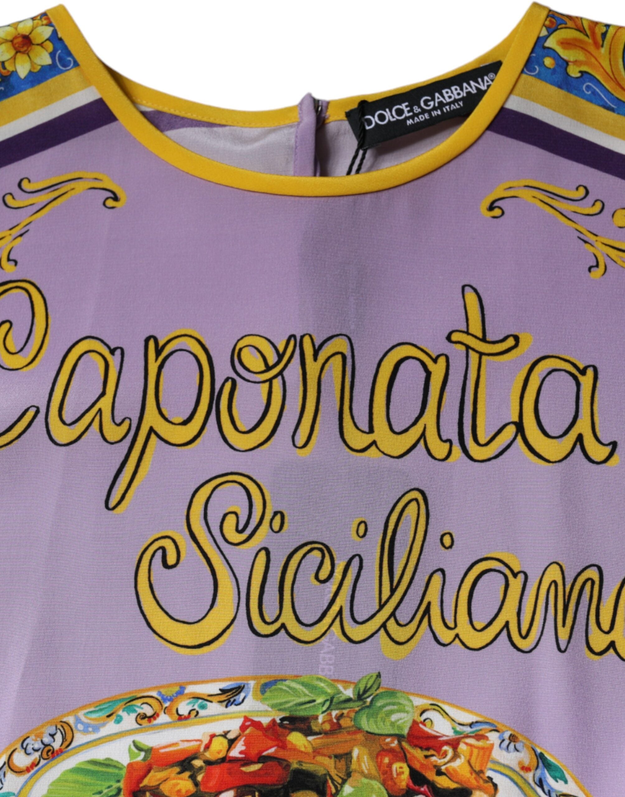 Purple silk tank top with Siciliana print by Dolce & Gabbana, featuring a stylish sleeveless design and vibrant floral pattern.