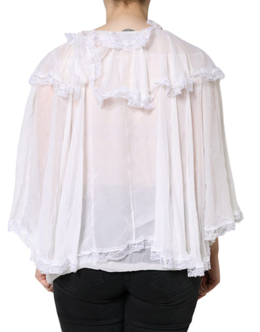 White lace long sleeve blouse with ruffles by Dolce & Gabbana, featuring intricate lace details and elegant design