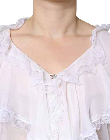 White lace long sleeve blouse with ruffles, Dolce & Gabbana top featuring elegant detailing and a feminine design.
