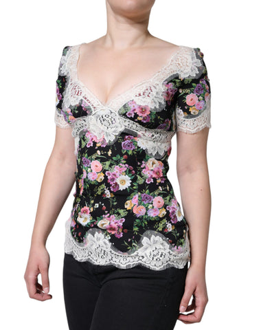 Black floral lace short sleeve blouse top by Dolce & Gabbana, featuring intricate lace details and a stylish fit.