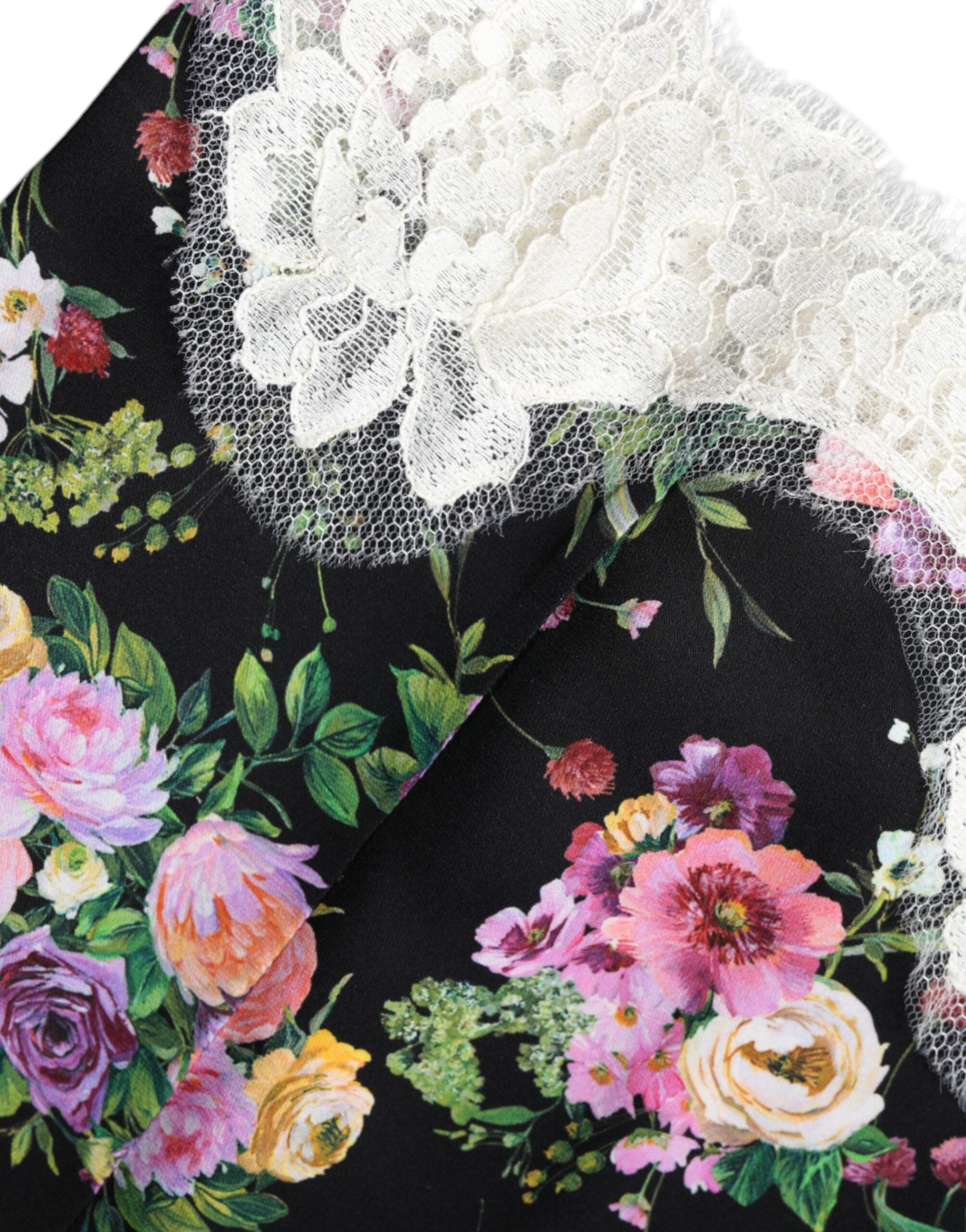 Black floral lace short sleeves blouse top by Dolce & Gabbana, featuring intricate lace details and a stylish fit.