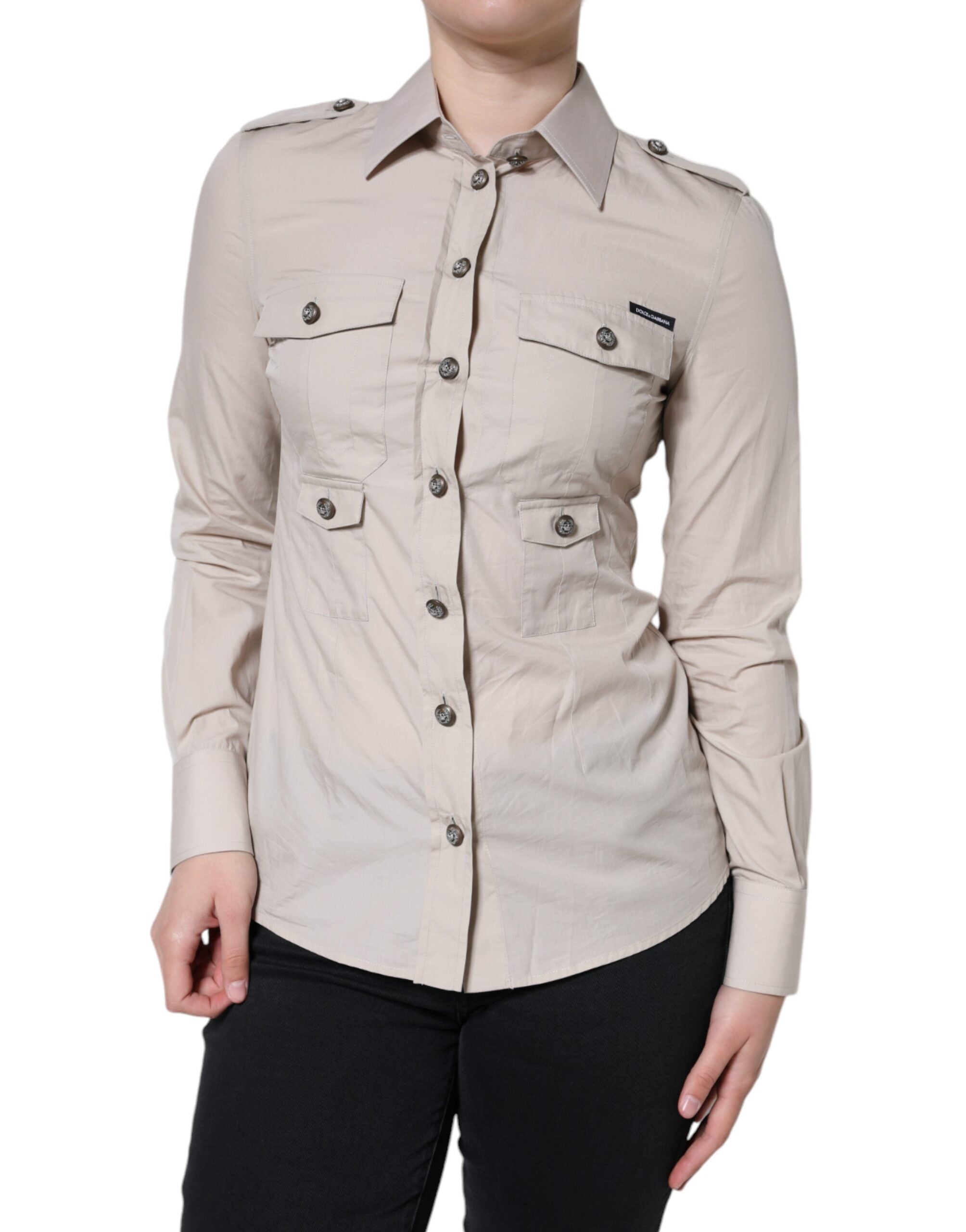 Beige cotton collared button-down shirt top by Dolce & Gabbana, shown with front view and classic design details.