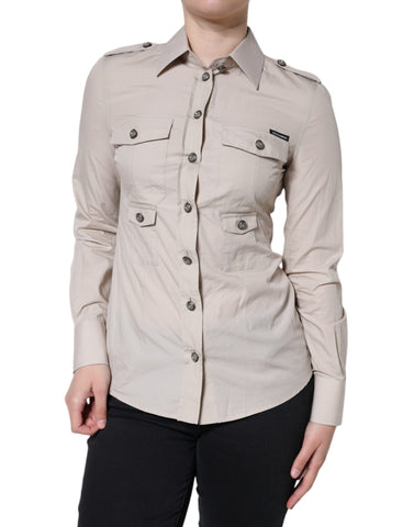 Beige cotton collared button-down shirt top by Dolce & Gabbana, shown with front view and classic design details.