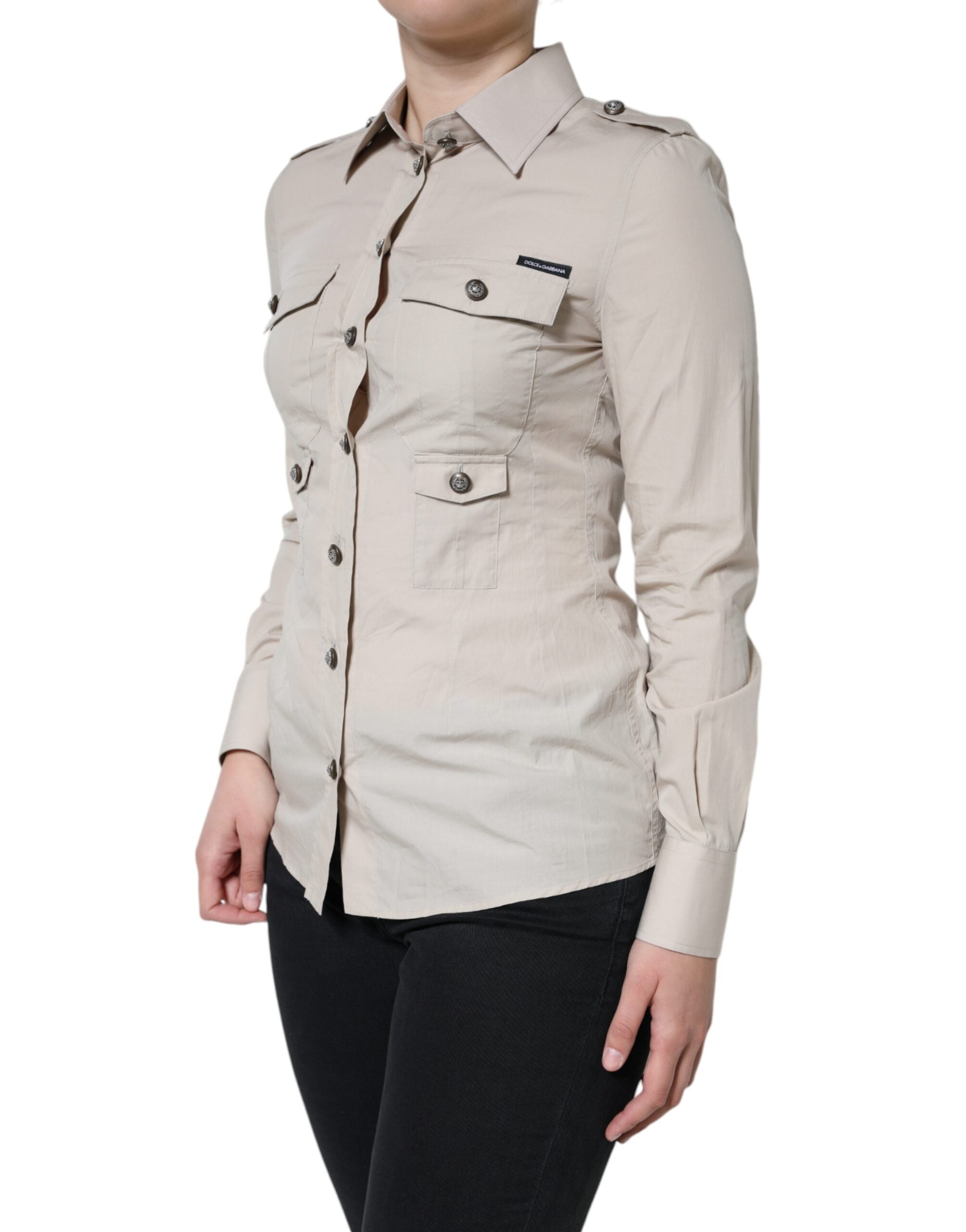 Beige cotton collared button-down shirt top by Dolce & Gabbana, featuring long sleeves and a classic fit.