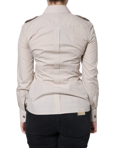 Beige cotton collared button-down shirt top by Dolce & Gabbana, shown with front view and classic design details.