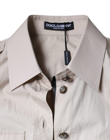 Beige cotton collared button-down shirt top by Dolce & Gabbana, featuring a classic design and front buttons.