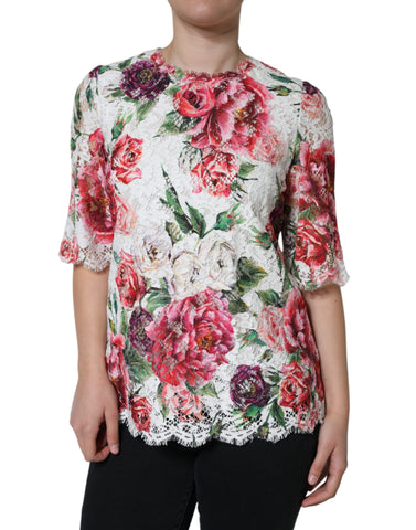 White peony lace short sleeves blouse top by Dolce & Gabbana with delicate lace details and a feminine fit.