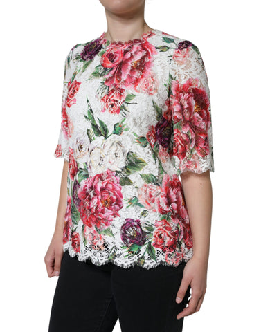 White peony lace short sleeve blouse top by Dolce & Gabbana, featuring delicate lace fabric and a feminine, elegant design.