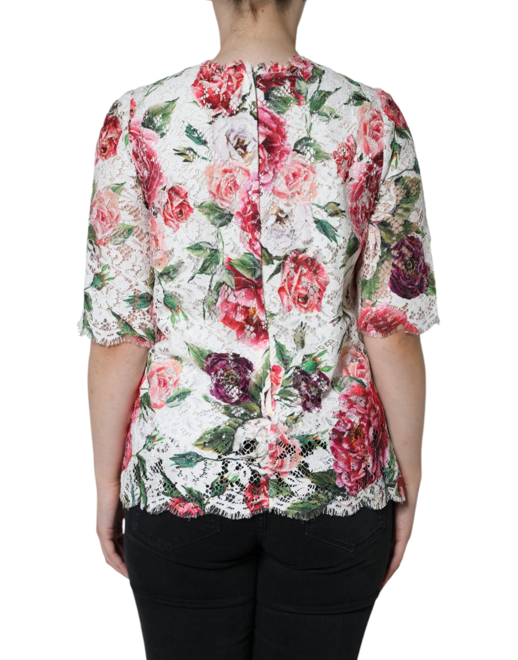 White peony lace short sleeves blouse top by Dolce & Gabbana featuring delicate lace fabric and a feminine fit.