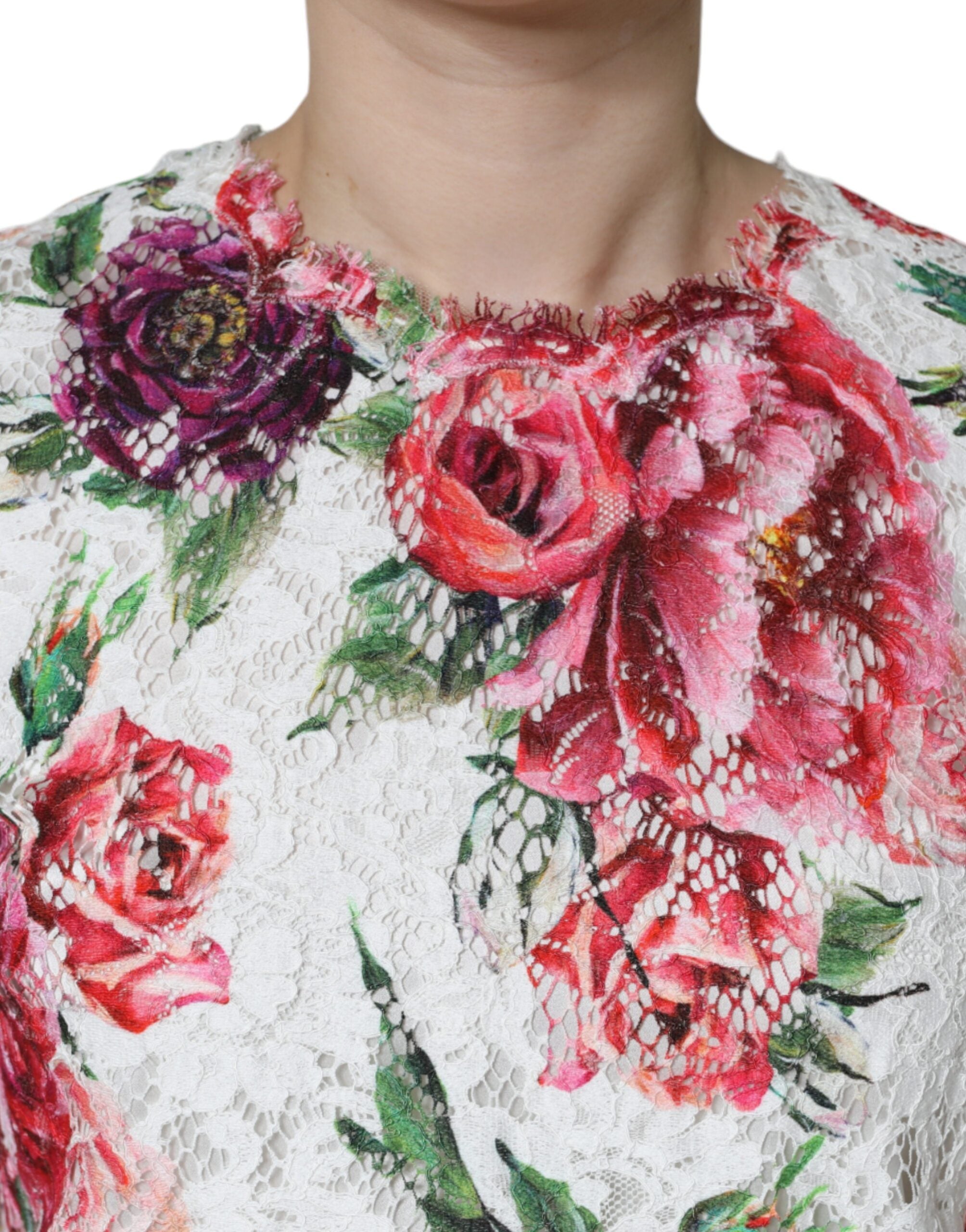 White peony lace short sleeve blouse top by Dolce & Gabbana, featuring delicate lace fabric and elegant short sleeves.
