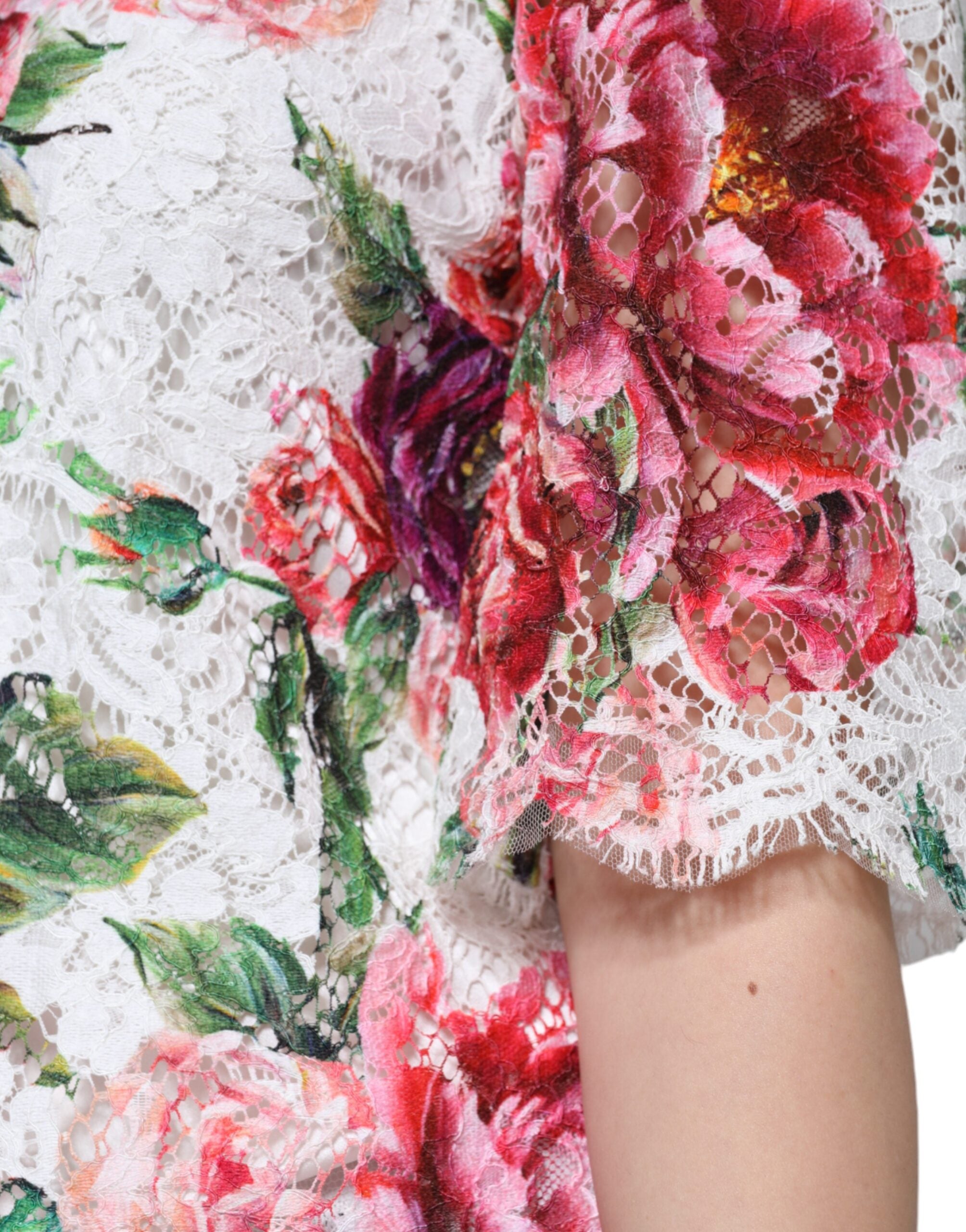 White peony lace short sleeve blouse top by Dolce & Gabbana featuring intricate lace details and a feminine fit.