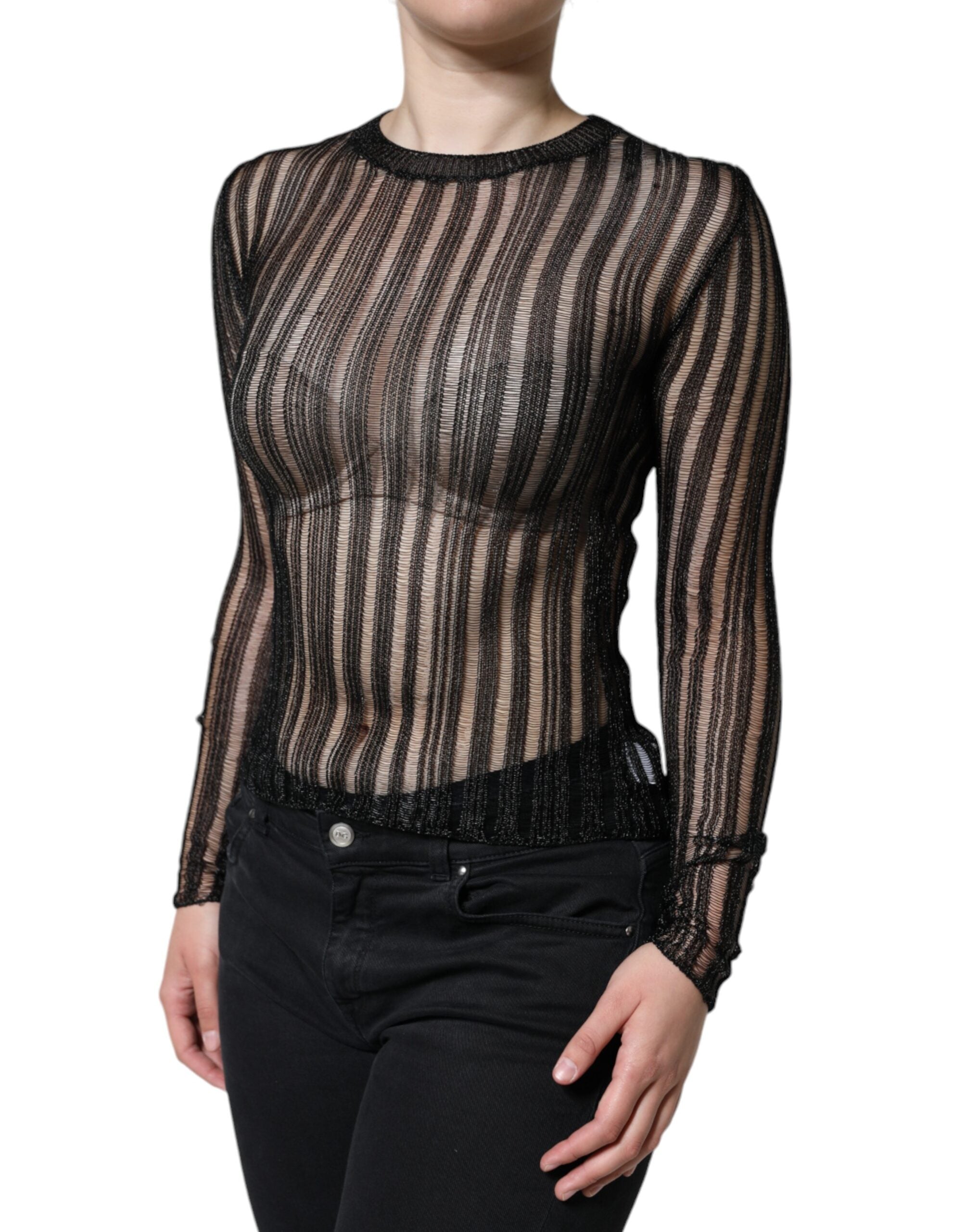 Black striped see-through long sleeve top by Dolce & Gabbana, featuring sheer fabric and stylish design.