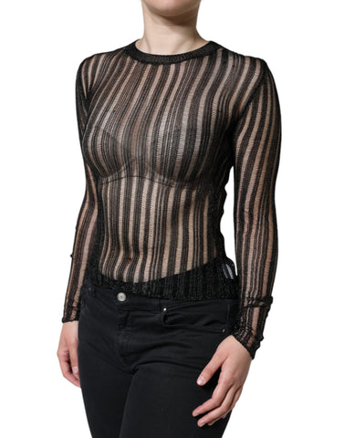 Black striped see-through long sleeve top by Dolce & Gabbana, featuring sheer fabric and stylish design.